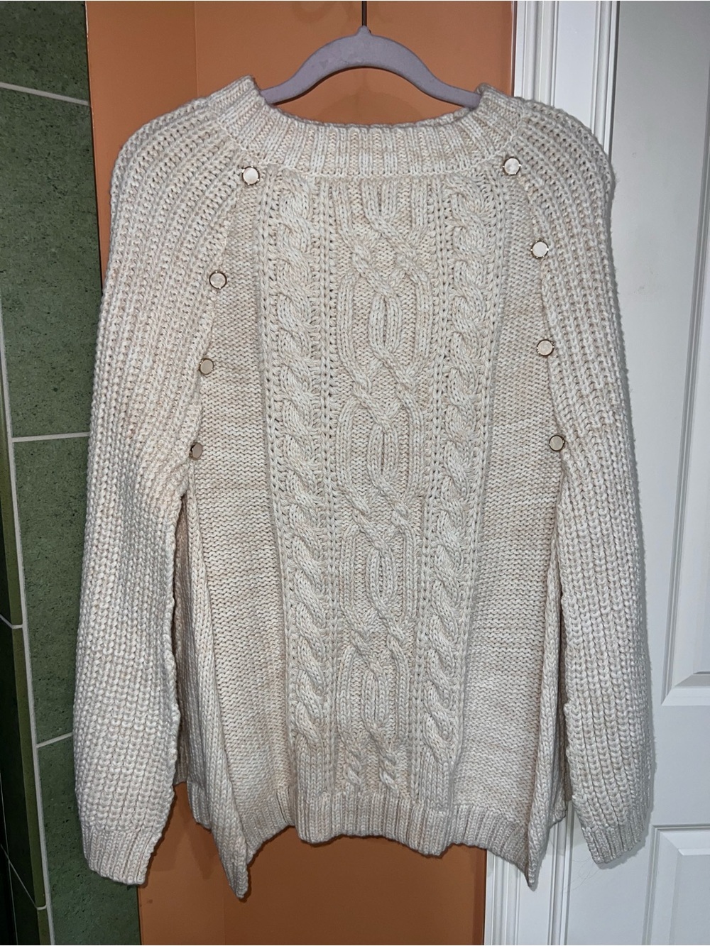 NAF NAF Cream Cable-Knit Crewneck Sweater with Button Detail